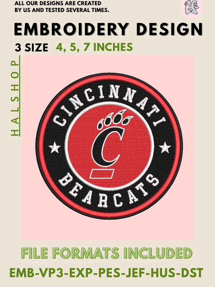 NCAA Cincinnati Bearcats Embroidery Design | University of Cincinnati Logo | Machine Embroidery File | Digital Download