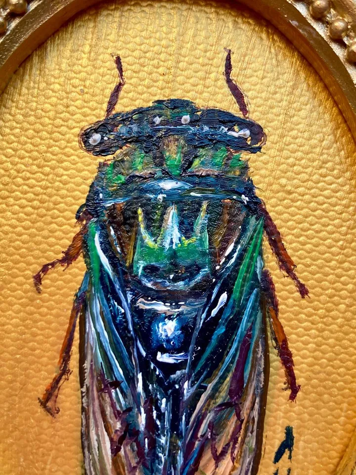 Framed Insect Oil Painting Original Entomology Art Cicada Painting Gold Frame Dark Academia