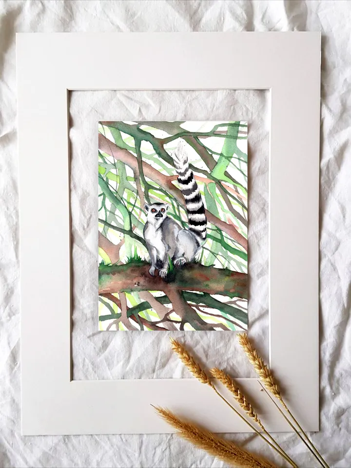 The feline lemur Original watercolor, animal painting, wall decor, animals lover gift, 8x11 in handmade art by Anne Gorywine