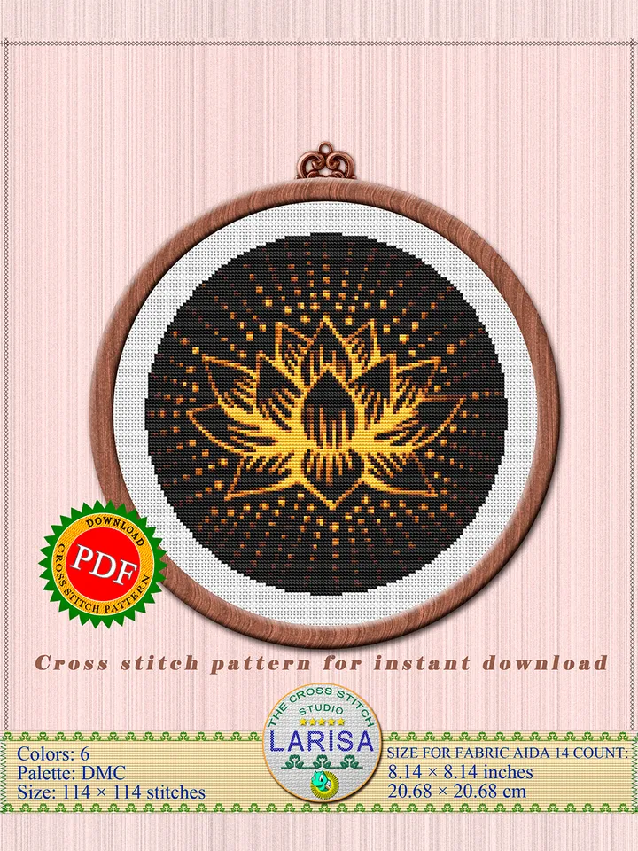 Gold Lotus Flower Cross Stitch Pattern | Gold Lotus