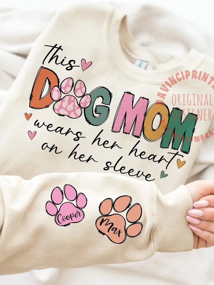 This Dog Mom Wears Her Heart on Her Sleeve Png, Dog Paw Png, Custom Dog Name shirt Png, Dog Mama Png, Dog Lover, Dog Lover shirt Png, png