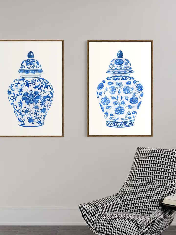Chinoiserie Wall Art/ Set Of Two Prints/Chinoiserie Chic/ blue and white/ Chinoiserie Decor/ botanical/ Ginger jar/ blue floral/Wall Art Set
