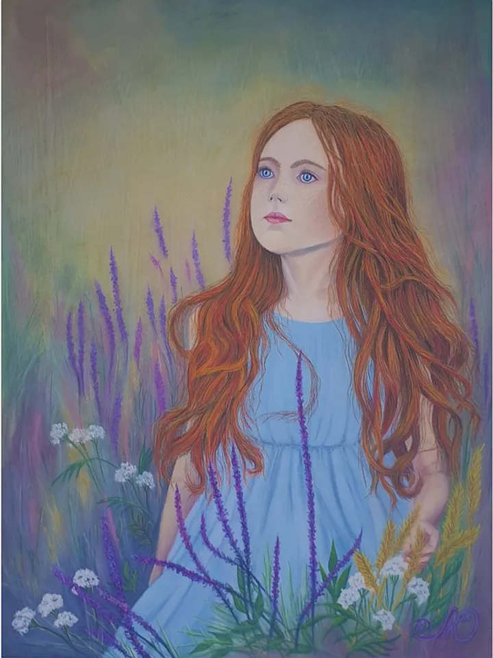 Girl Painting Lavender Original Art Red haired Girl Woman Soft Pastel Painting