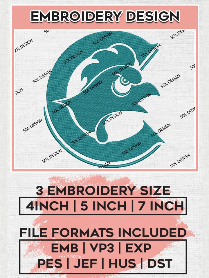 Coastal Carolina Chanticleers Team Logo Embroidery Design Files, NCAA Coastal Carolina Chanticleers Machine Embroidery, NCAA Teams, Game Day, 3 sizes, NCAA Machine embroidery designs, Digital Download