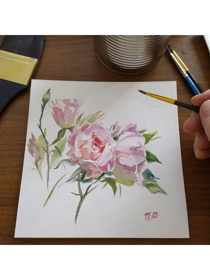 Rose Painting Floral original art 6 by 6 Pink Flower watercolor Pink rose wall art Rose aquarelle by Natalia Plotnikova