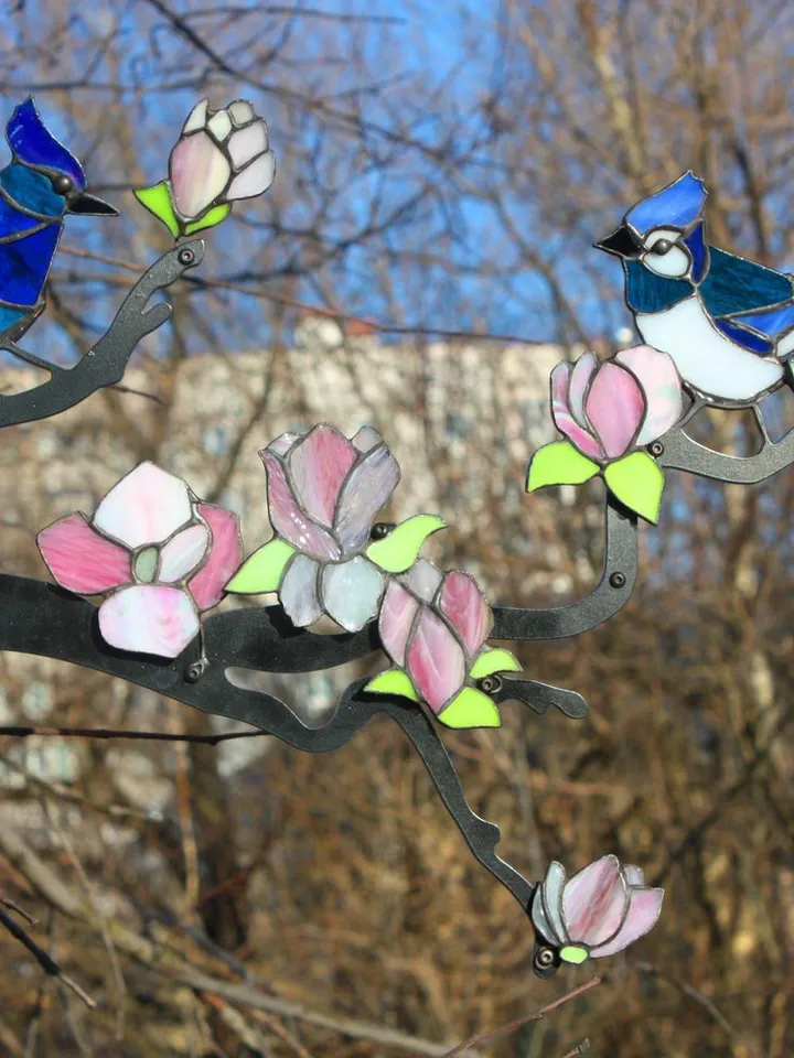 Tiffany Stained Glass: Magnolia Branch with Blue Jays, Tiffany Stained Glass Magnolia Branch with Blue Jays, Magnolia Blossom and Blue Jays, Stained Glass Magnolia Branch and Songbirds,Decorative Tiffany Glass Art: Magnolia Flowers and Birds