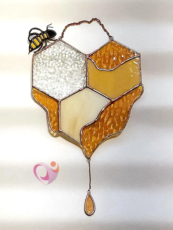 Real Stained Glass Honeycomb Suncatcher with Bee on Heart-Shaped Drippy Honeycomb with Glass Honey Drop Unique Gift for Bee Lover