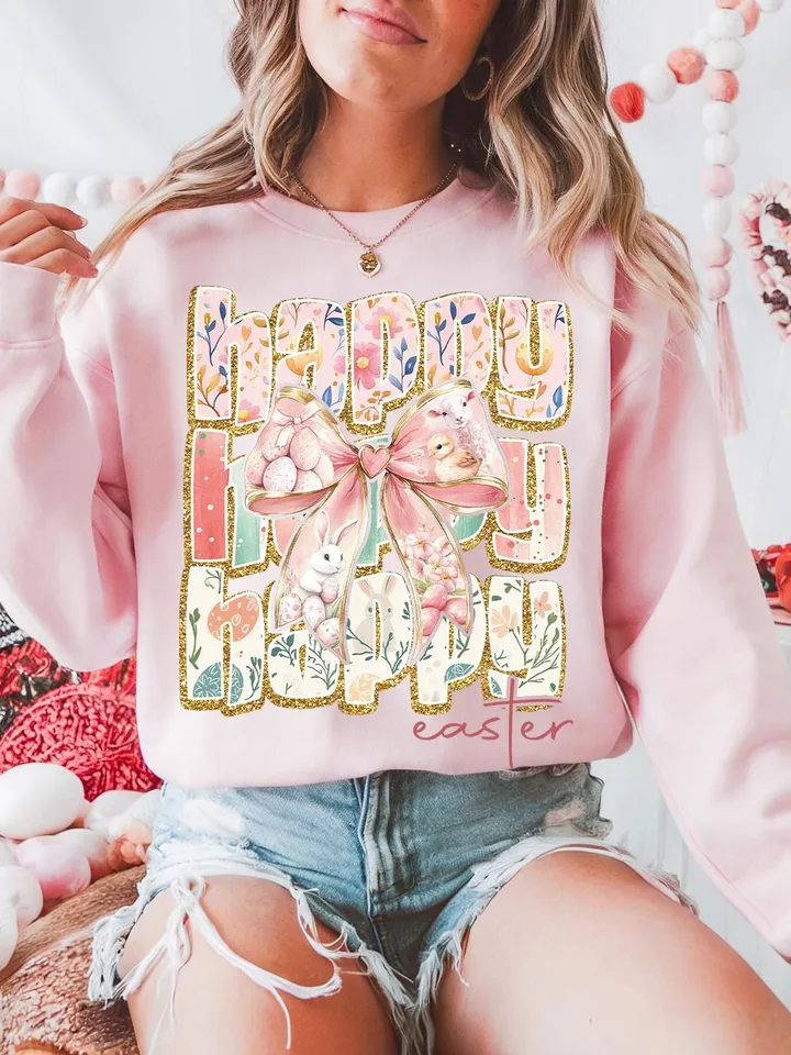 Happy Easter Coquette PNG, Retro Easter Png, Easter Bunny Png, Floral Spring Png, Pink Easter Coquette Bow Png, Easter Shirt Design