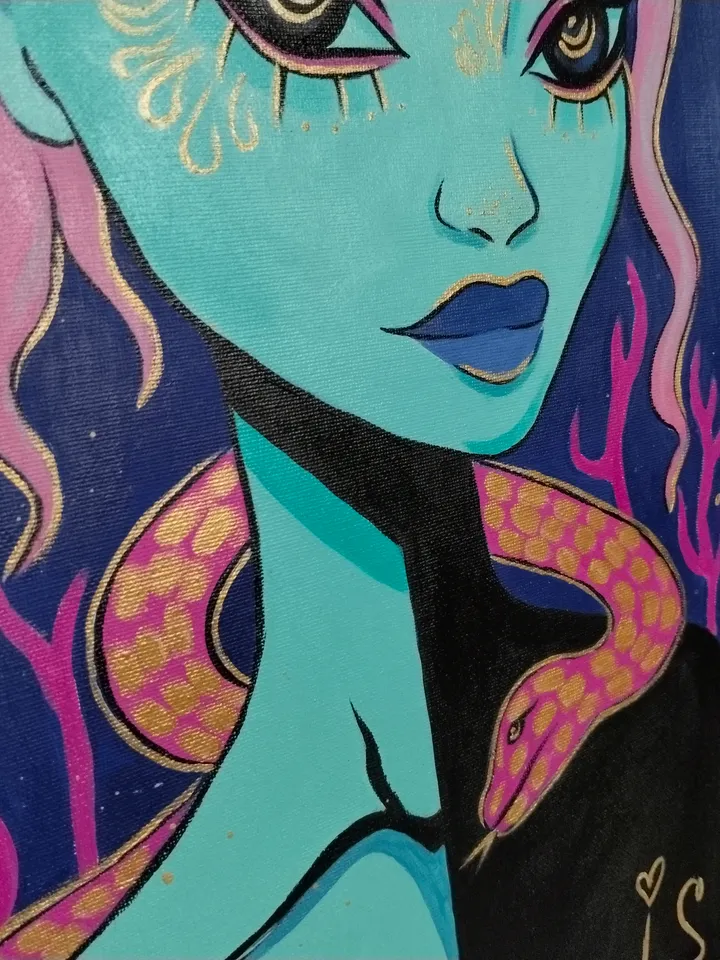 Gorgon Fantasy Original Acrylic Painting with Gold Paint
