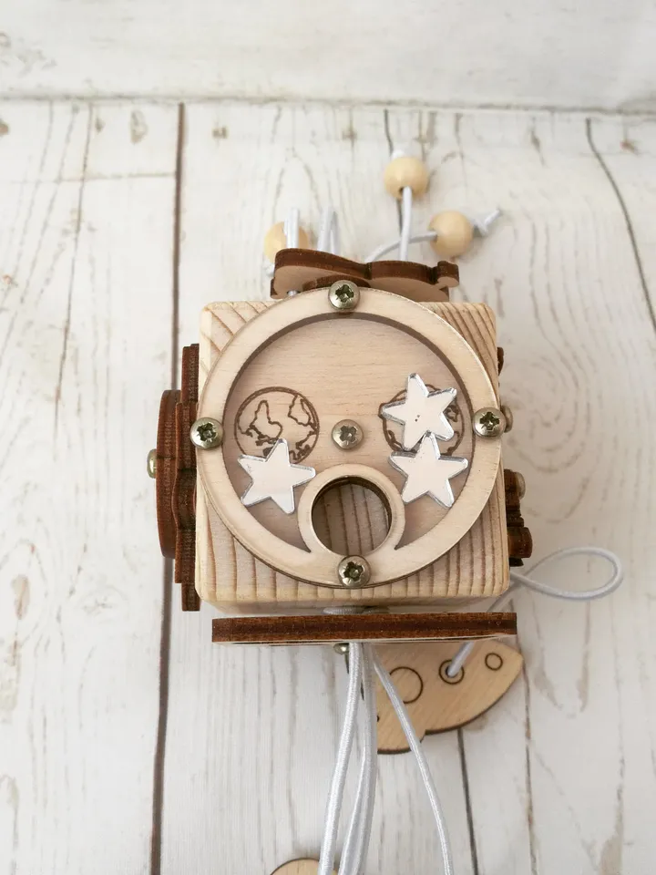 Busy cube - Space, wooden baby fidget toy, montessori travel activity