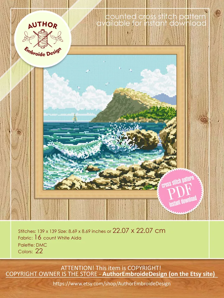 Ocean waves cross stitch pattern PDF download Nature landscape cross stitch chart, Sea beach cross stitch, Ocean pattern digital PDF #L36