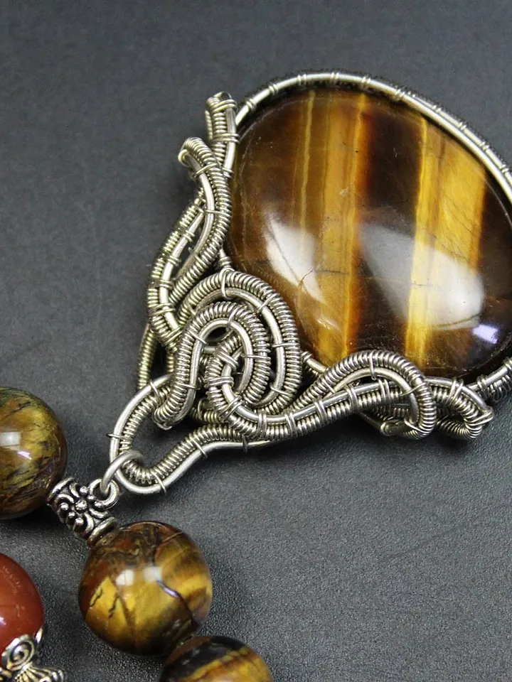 Handmade necklace with natural carnelian and tiger eye stone beads.