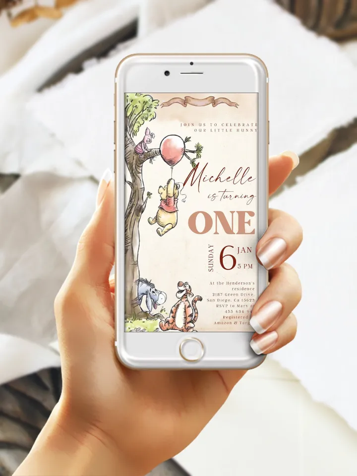 Classic Winnie Pooh Baby Birthday Digital Invite; Wizard  Baby Birthday Evite; Girl Baby Birthday; Honey Bear Evite; Winnie Invite Template