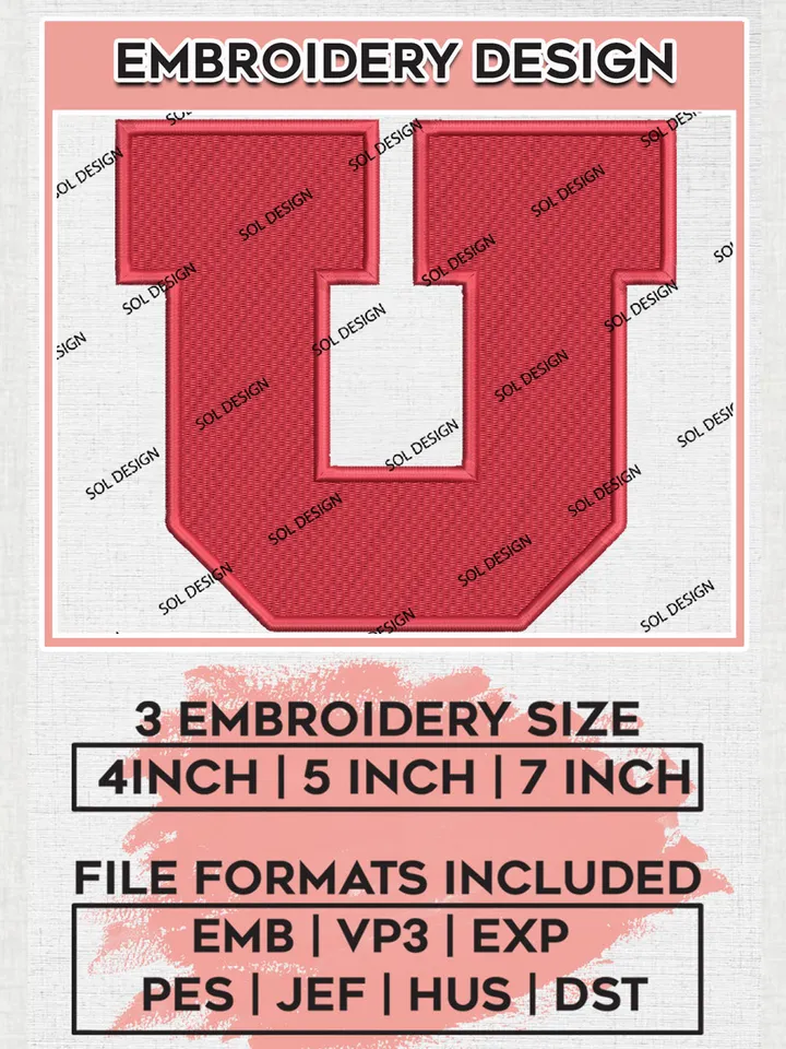 Utah Utes Team Letter Logo Embroidery Design Files, NCAA Utah Utes Machine Embroidery, NCAA Teams, 3 sizes, NCAA Machine embroidery designs, Digital Download