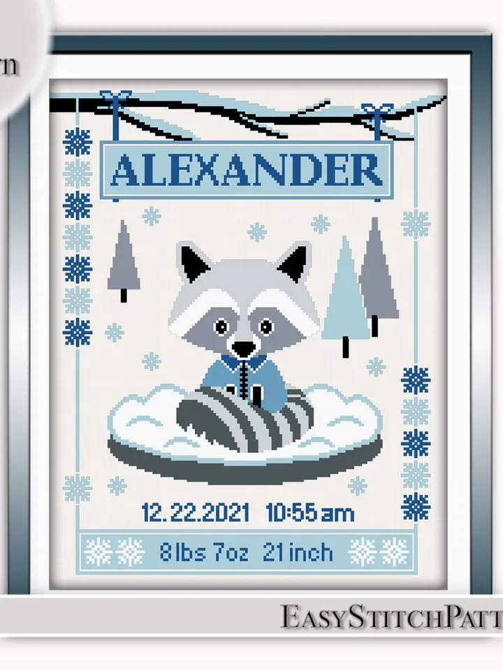Baby Birth Announcement. Raccoon Cross Stitch Pattern. Animal Cross Stitch. DIY. Customizable New Baby.
