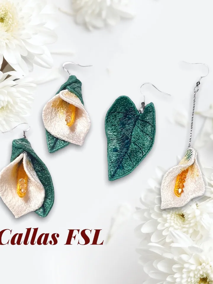 Calla lilies FSL machine embroidery design for creating jewelry  Digital embroidery pattern Free standing lace flower file 3D embroidery