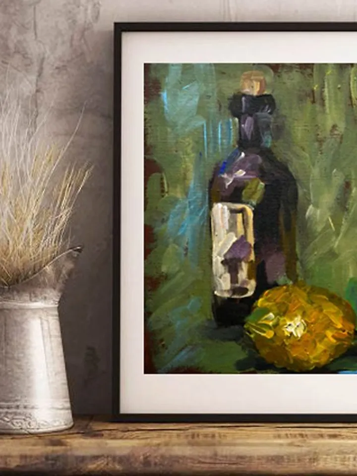 Wine Painting Lemon Original Impasto Painting Wine Bottle Art