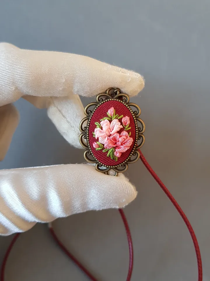 Handmade jewelry, Ribbon embroidered pendant for her