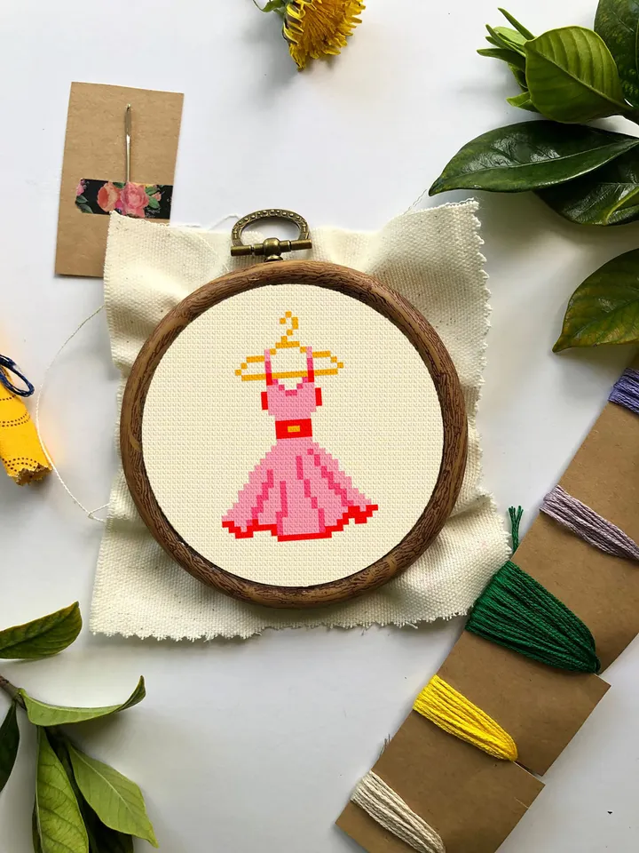 Pink dress small cross stitch pattern PDF Mini cross stitch chart, Minimalistic funny cross stitch Instant download PDF, Beginner stitch #O6