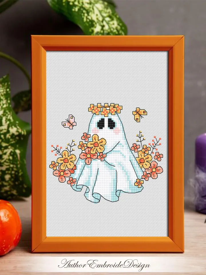 Floral ghost cross stitch pattern PDF download Cute Halloween cross stitch chart, Cute ghost with flowers pattern digital PDF #H86