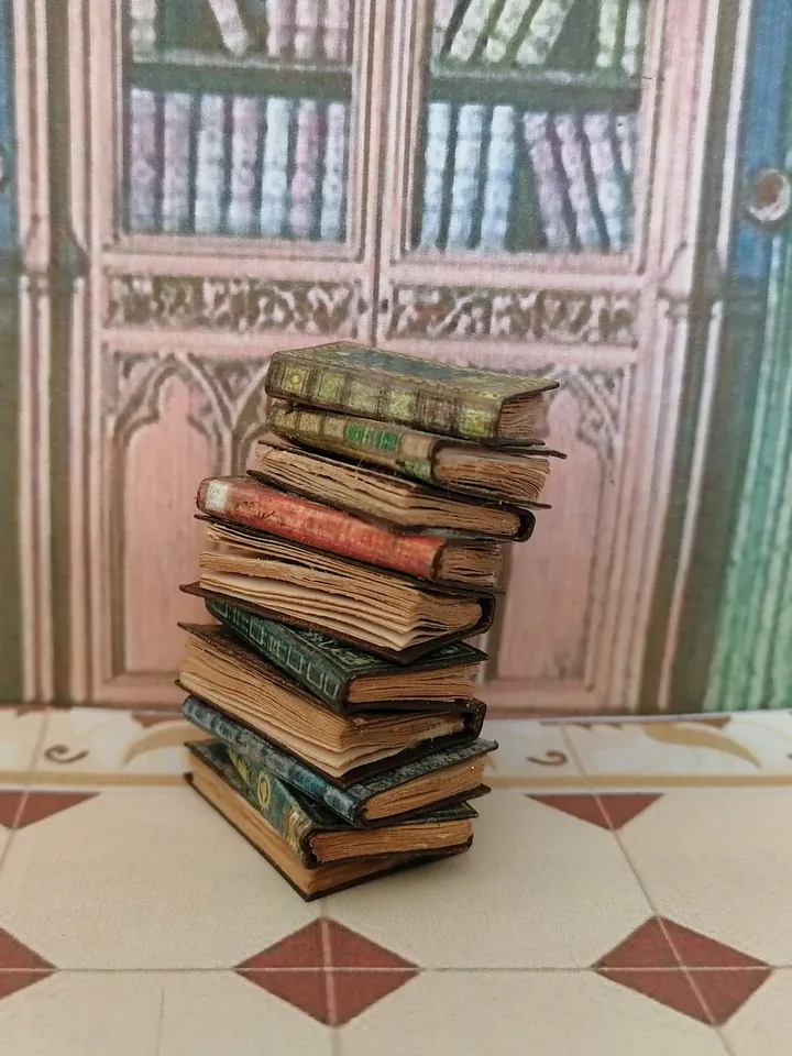 Stack of aged, vintage books. Imitation books. Dollhouse miniature. 1:12. Handmade.