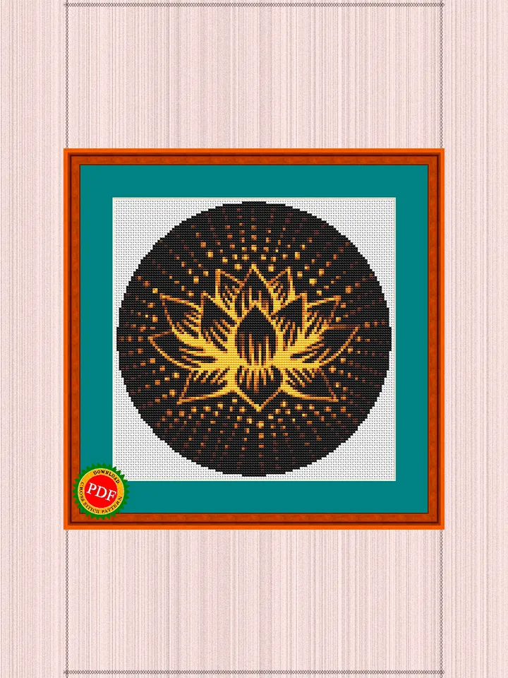 Gold Lotus Flower Cross Stitch Pattern | Gold Lotus