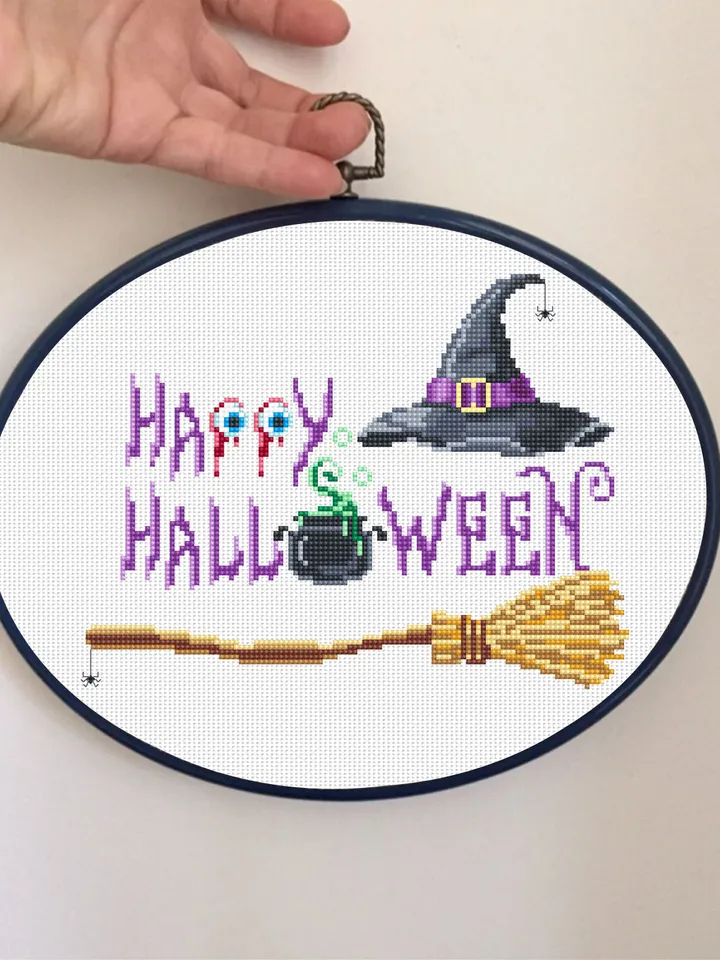 Happy Halloween cross stitch pattern PDF download Witch cross stitch chart, Halloween pattern digital PDF Witch hat Halloween embroidery #H3