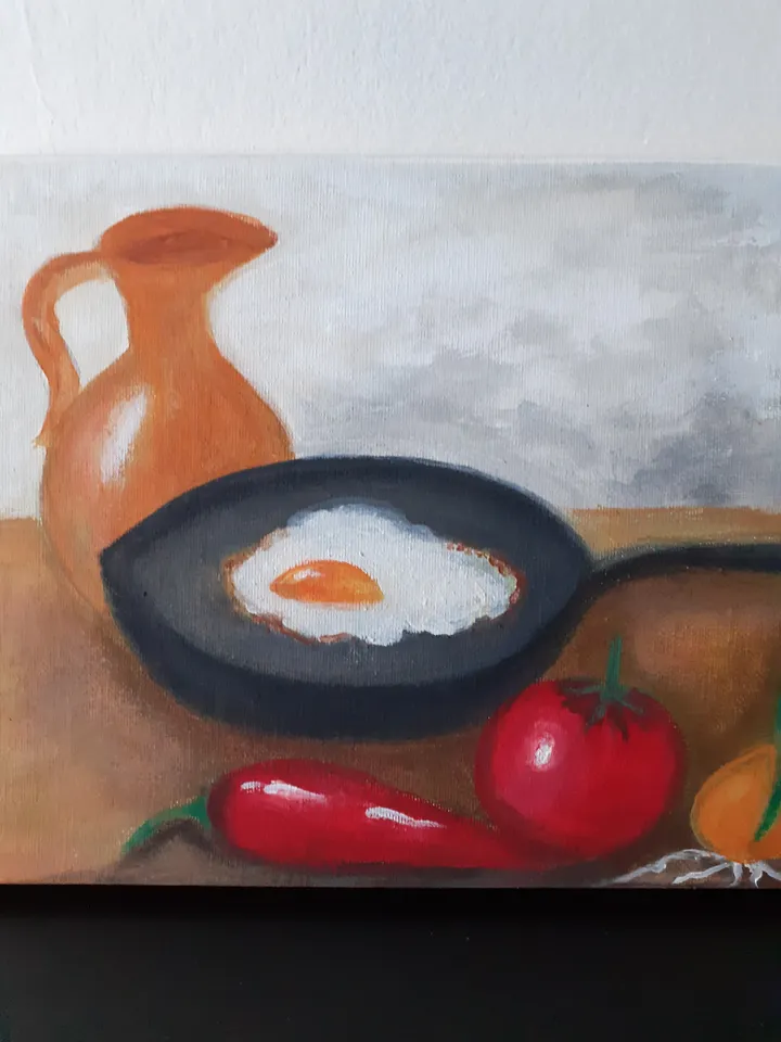 Oil Painting Morning Still Life with Scrambled Eggs Food Kitchen Art Stretched Canvas 20x25 cm 8x10 inches Wall Decor Occasion Gift