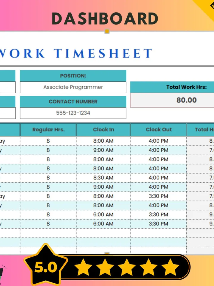 Work Timesheet Template, Google Sheets Time Tracker, Digital Download, Easy-to-Use Weekly Employee Hours Log for Payroll