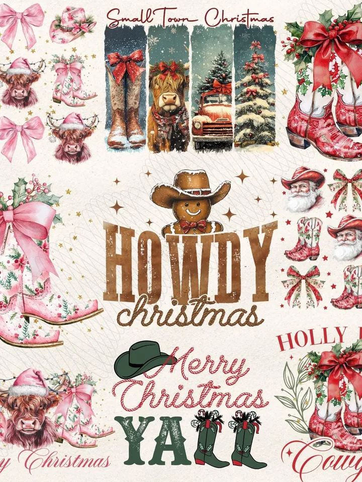 Howdy Christmas PNG Bundle Coquette Bow Western Cowgirl Cowboy Christmas Tree Cookies Presents Girly Trendy Shirt Designs Sublimation