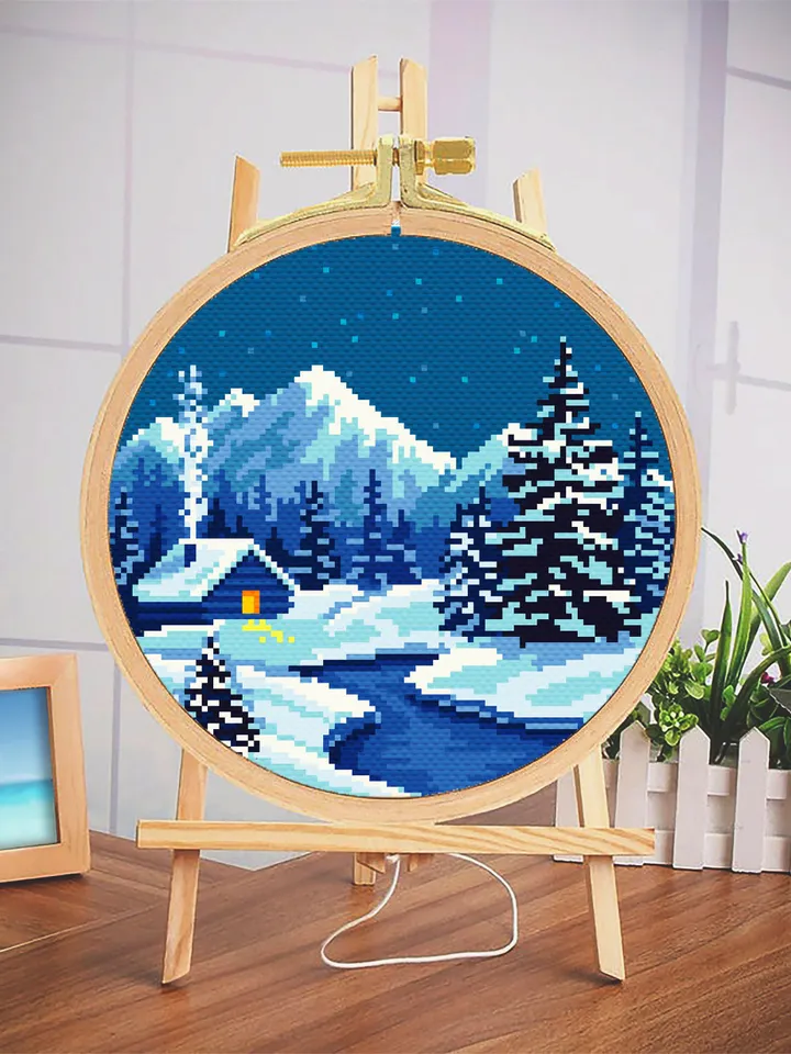 Winter cross stitch pattern download PDF Mountain landscape embroidery Winter forest cross stitch chart Starry night Winter house PDF #L33