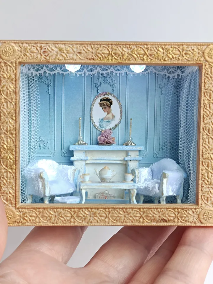 Roombox Miniature Dollhouse with Furniture 1/48 Blue Living Room