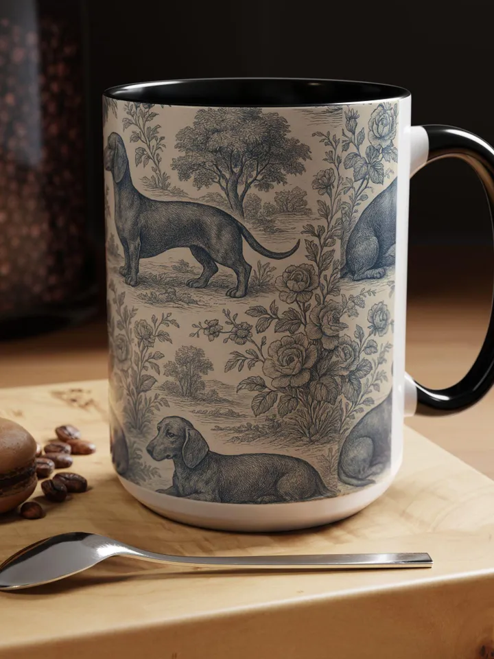 Dachshund French Toile de Jouy Ceramic Mug, Toile Coffee Cup for Doxie Mom, Sausage Dog Lover Gifts, Dog Tea Drinkware, Gift For Dog Lovers