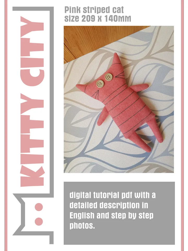 Pink Cat sewing pattern PDF, digital tutorial in English, Rag doll diy