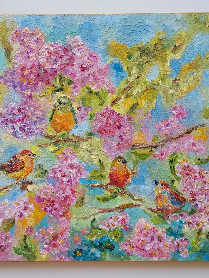 "Spring. Bird talk" oil painting on textured canvas 50x50cm (20x20 inches).