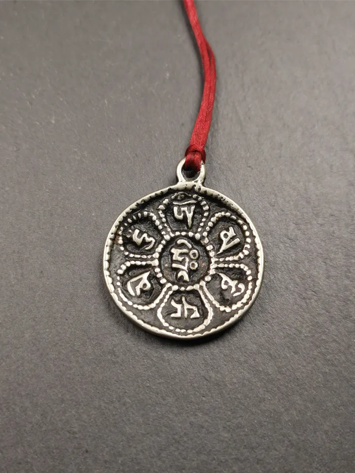 Gandhanra Handmade Tibetan Buddhist Amulet,Om Badge Pendant, Mantra of Om Mani Padme Hum, Made of Brass,1.26"