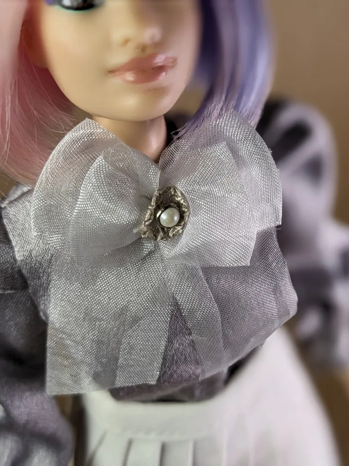 Handmade silk gray bow blouse for 1/6 scale fashion female dolls
