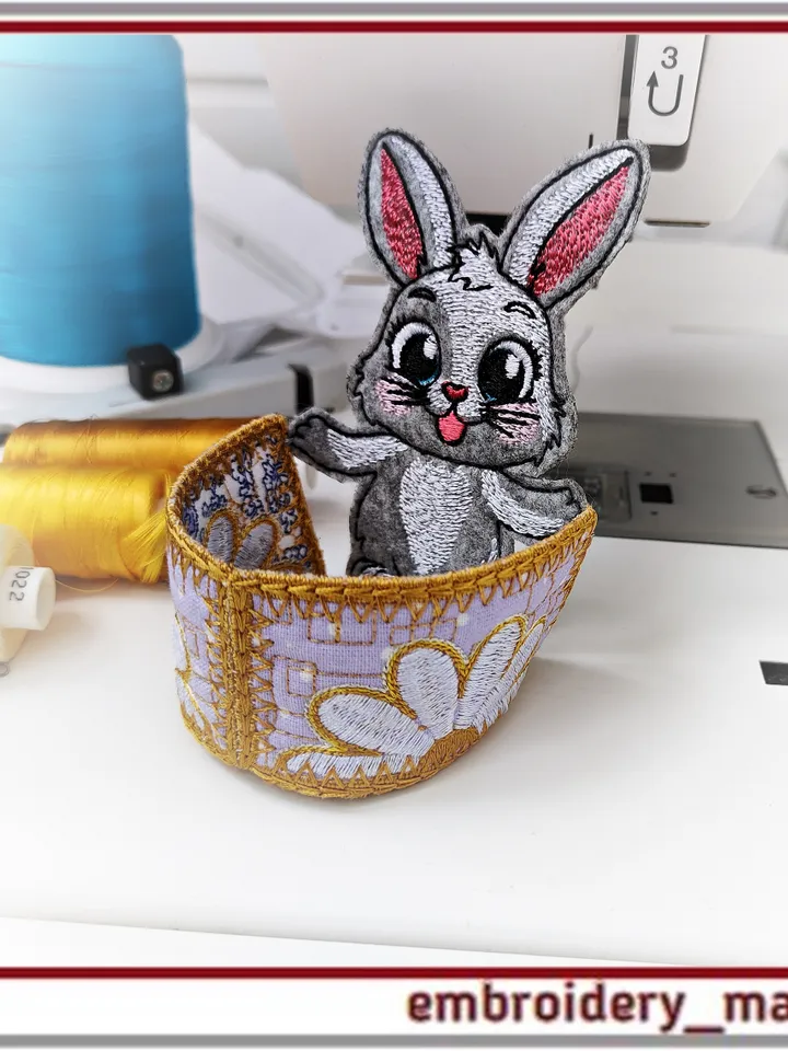 In the hoop embroidery design Easter egg basket Bunny