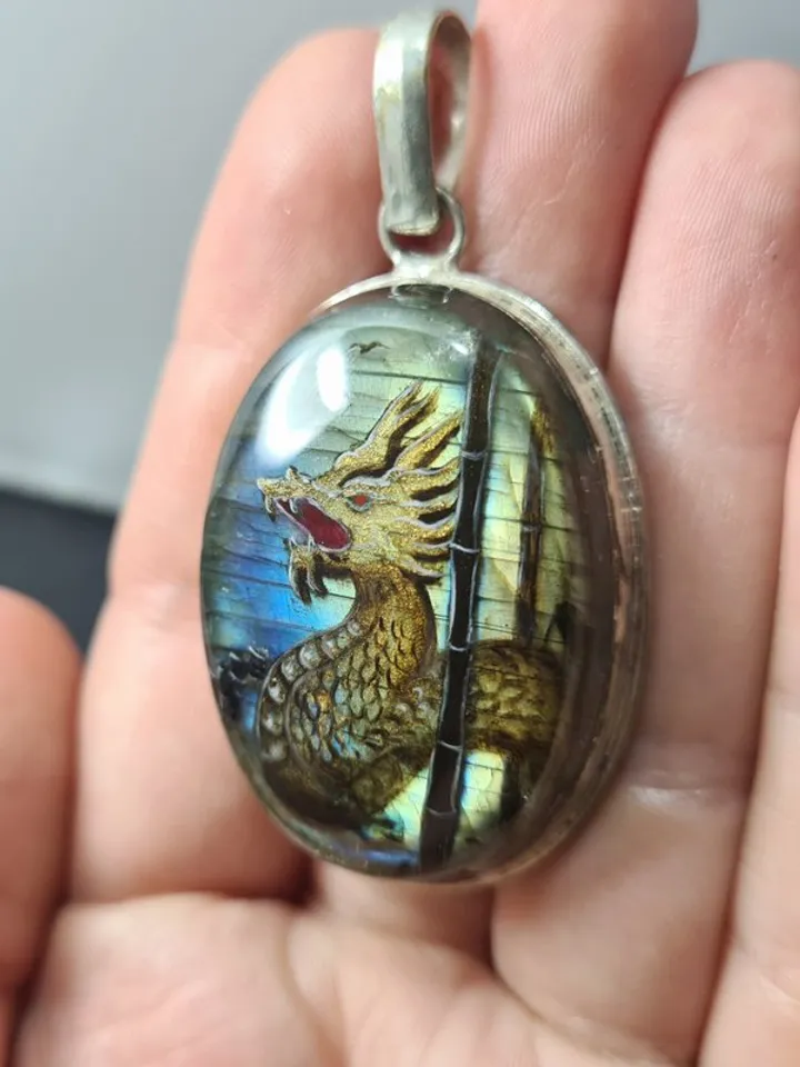 Gold dragon pendant Laquer miniature labradorite pendant Christmas Gift Wrapping