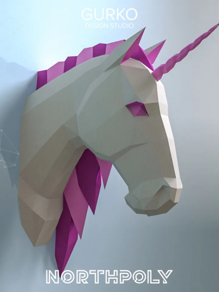 Unicorn Head Papercraft, Digital Template, PDF Download, Gurko, Trophy, 3D Low Poly, Pepakura, DIY Origami, Paper Decor, DIY Gift