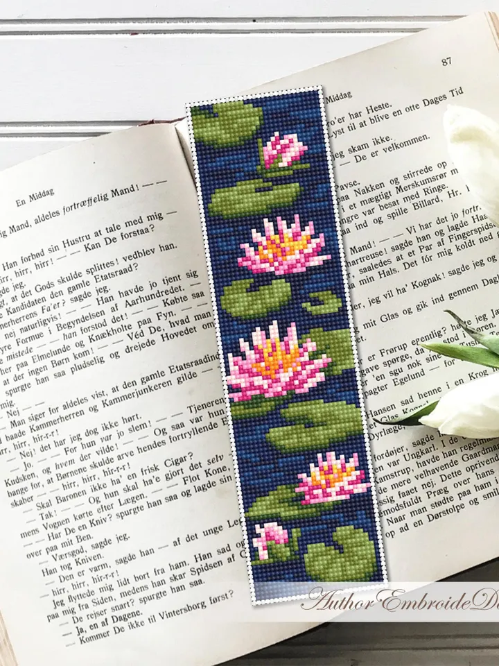 Lotus flower bookmark cross stitch pattern PDF download Water lily cross stitch chart Floral bookmark pattern digital PDF for beginner #B471