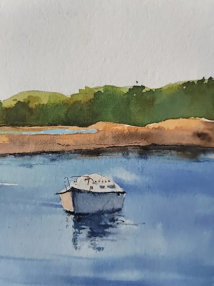 Original Watercolor Painting Water Landscape Art Boat on the Lake Artwork Boats Pictures 30x40 cm by SoftWaves