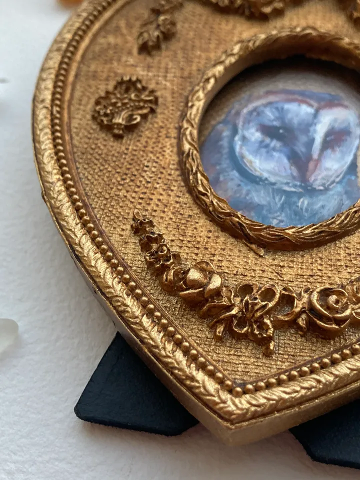Owl Oil Painting Original In Vintage Style Heart Frame Small Framed Bird Art Barn Owl