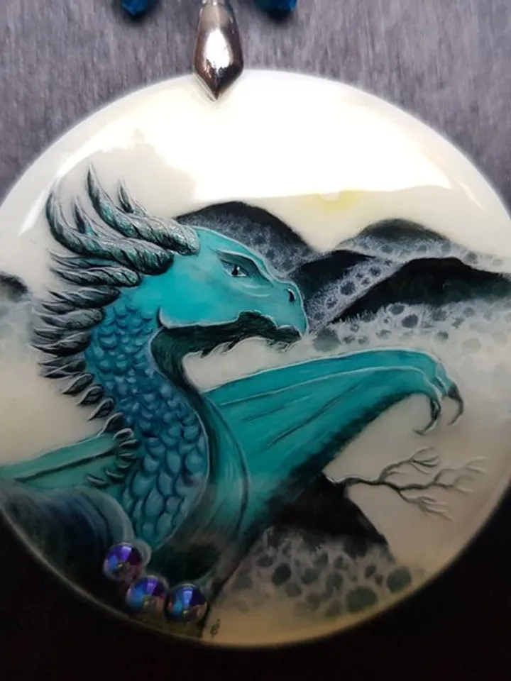 Dragon necklace. Miniature painting of dragon on mother of pearl pendant