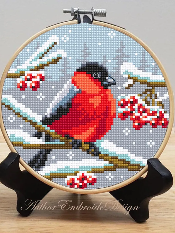 Bullfinch cross stitch pattern PDF download Winter red bird cross stitch chart, Christmas pattern digital PDF Snow nature cross stitch #N167