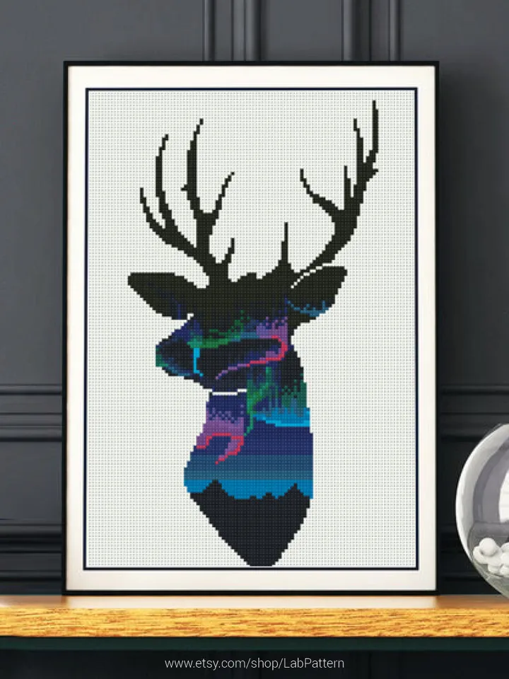 Deer Silhouette Northern Lights Cross stitch pattern | Embroidery Pattern | Instant Download | Embroidery Designs