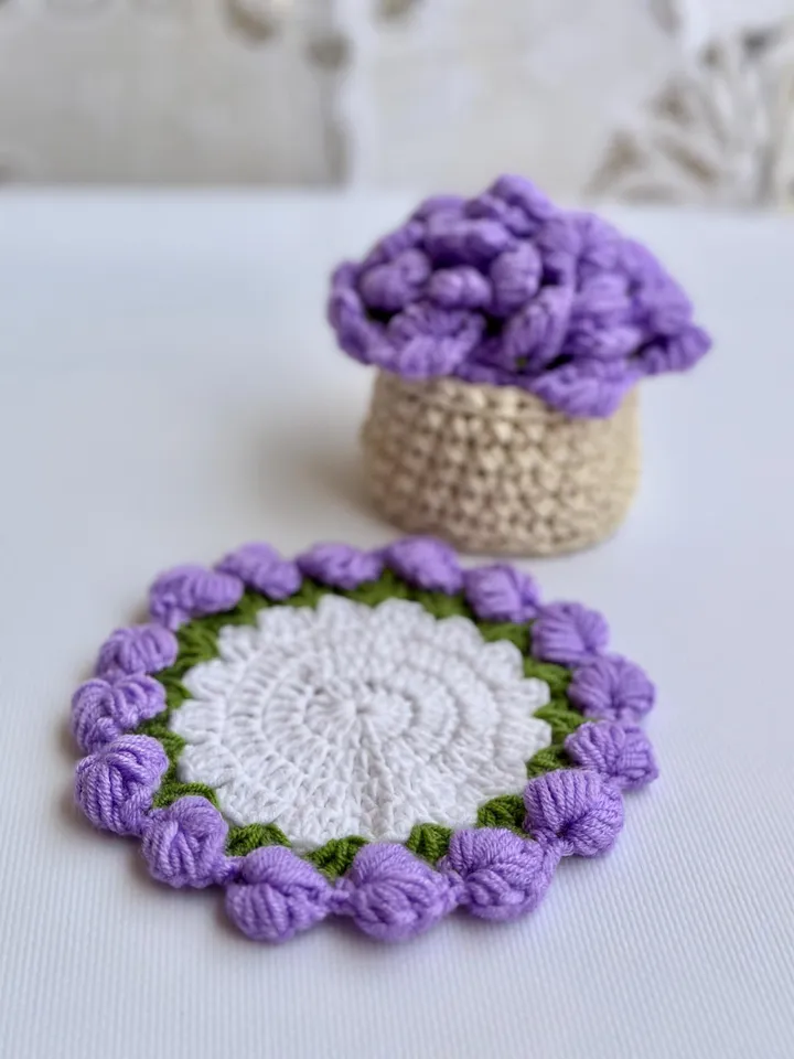 CROCHET LILAC Coaster pattern - Heart Flower Pot Coaster Set Crochet Pattern Flower Bouquet Plant Coasters Instant Digital Download PDF