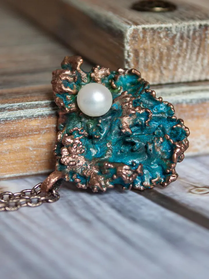 Original handmade copper electroformed pendant made of natural moss with pearl