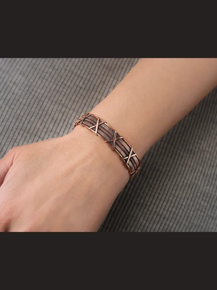 Wire wrapped bracelet, Unique 7th 22nd Anniversary gift idea, Art Nouveau antique style, One of kind braided statement bangle, Handmade oxidized pure copper jewelry, Pain relief, EMF protection