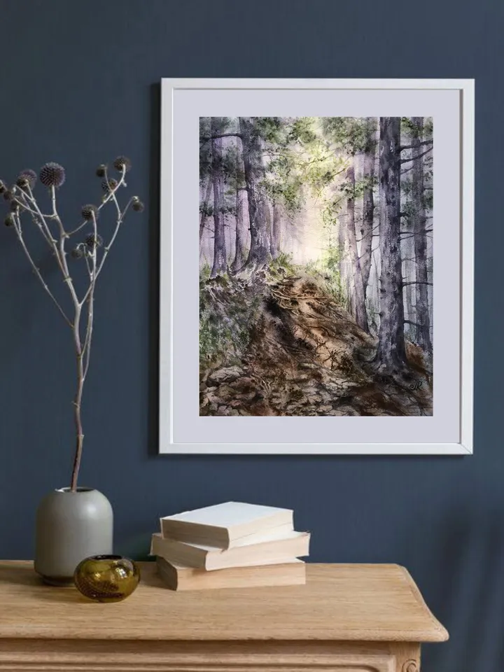 Forest Original Watercolor Painting Sunset Landscape Artwork